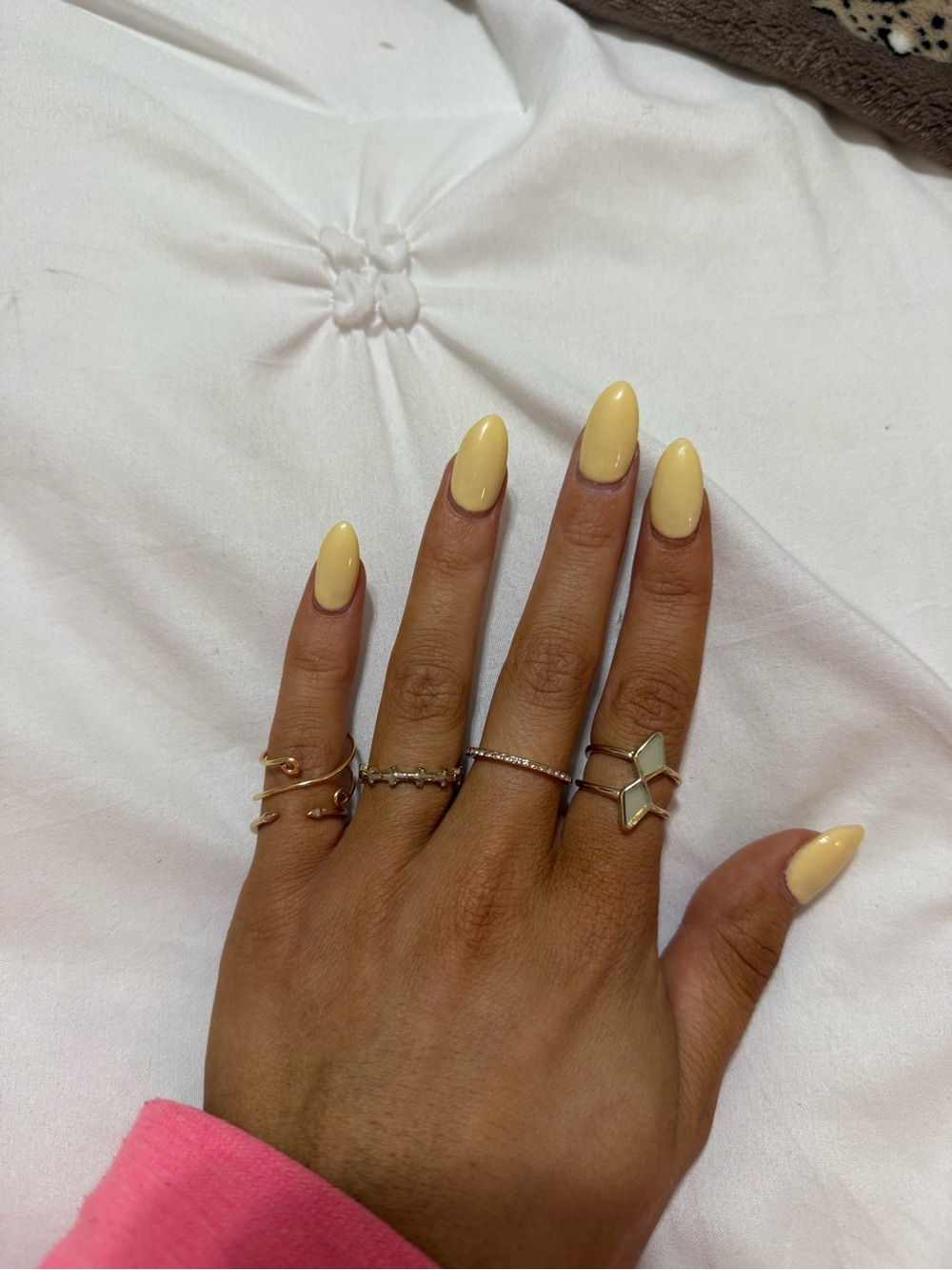 Delicate Gold Stackable Rings Set with Cream Stones - Picture 2 of 2